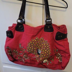 Red peacock bag, cotton with stitching and beads